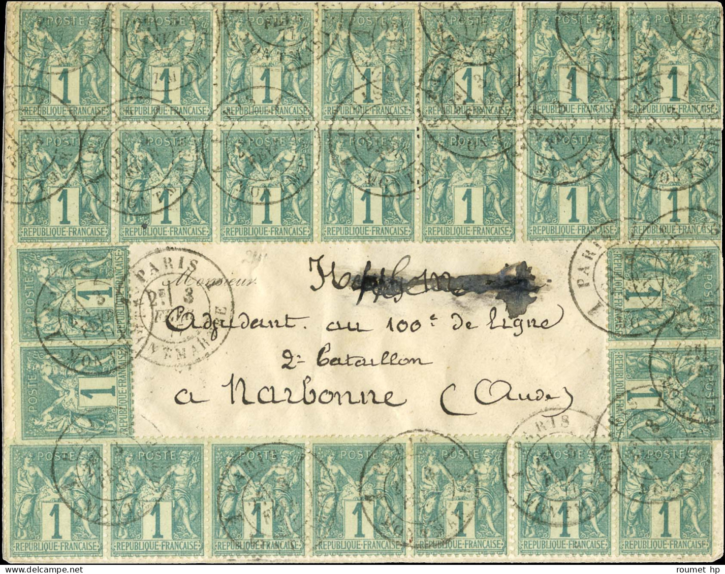 Càd PARIS / MONTMARTRE / N° 61 (bloc De 14 + 11ex) Sur Enveloppe Sans Texte Pour Narbonne. 1877. Extraordinaire Affranch - 1876-1878 Sage (Typ I)