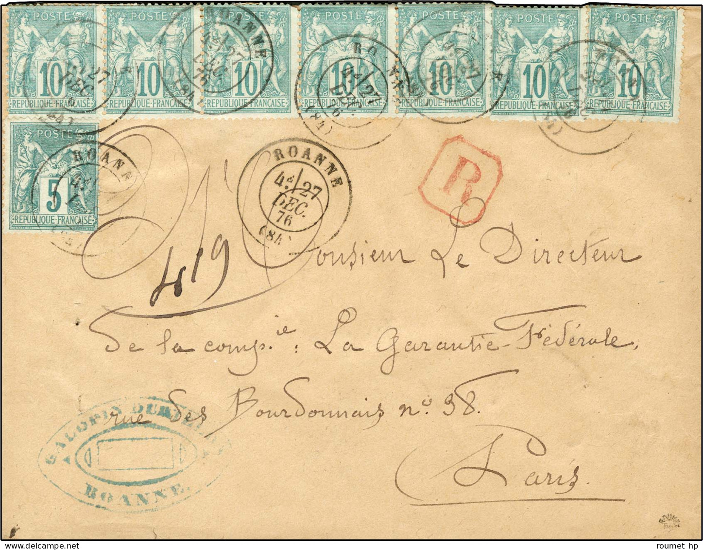 Càd T 17 ROANNE (84) / N° 65 (7, 1ex Pd) + N° 75 Sur Lettre Recommandée Pour Paris. 1876. - TB / SUP. - R. - 1876-1878 Sage (Tipo I)