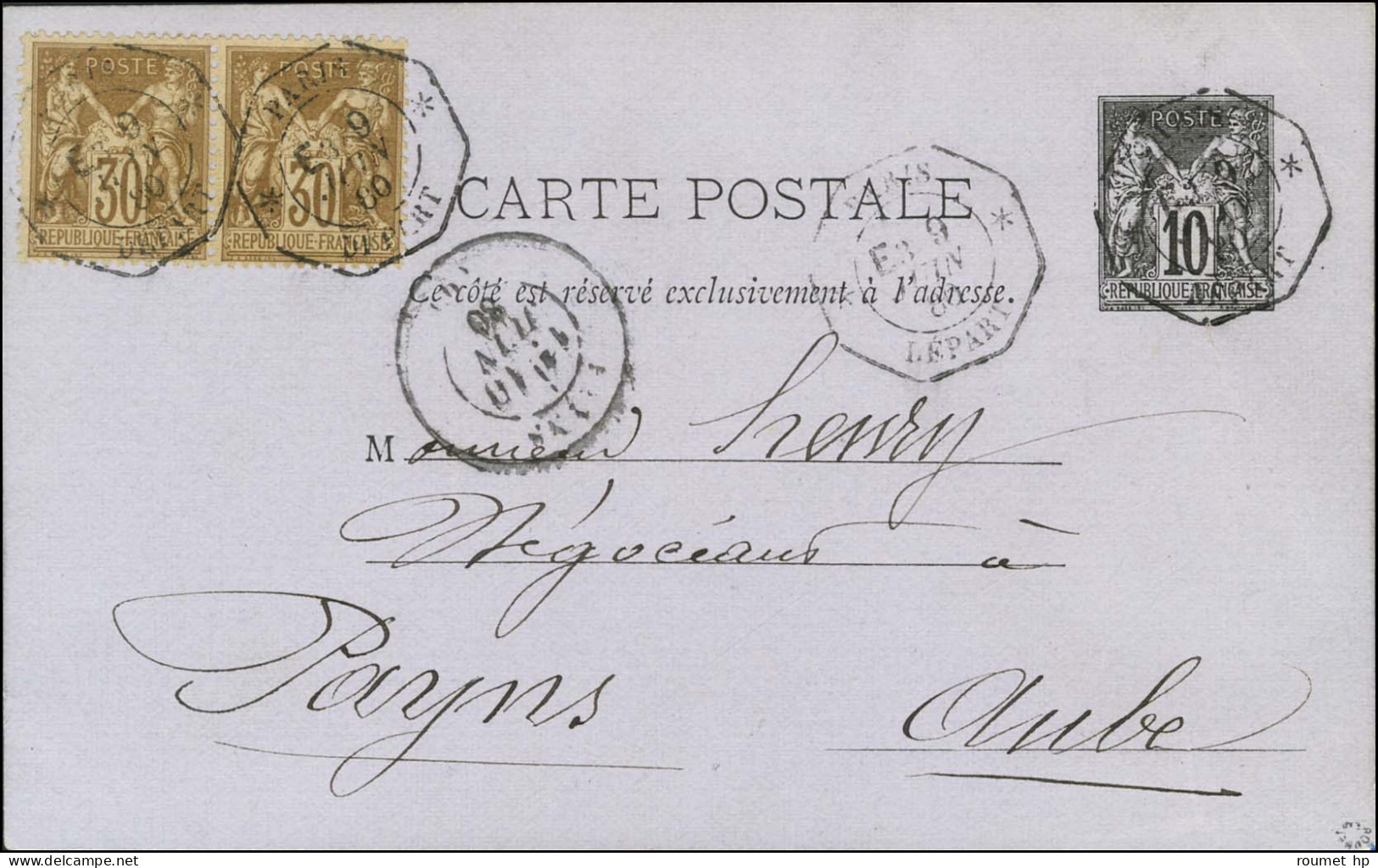Càd Octo De Lev Ex PARIS DEPART E3 / Entier 10c. + N° 69 Paire Pour Payns (Aube). Seule Carte Connue Avec Levée Du 3ème  - 1876-1878 Sage (Typ I)