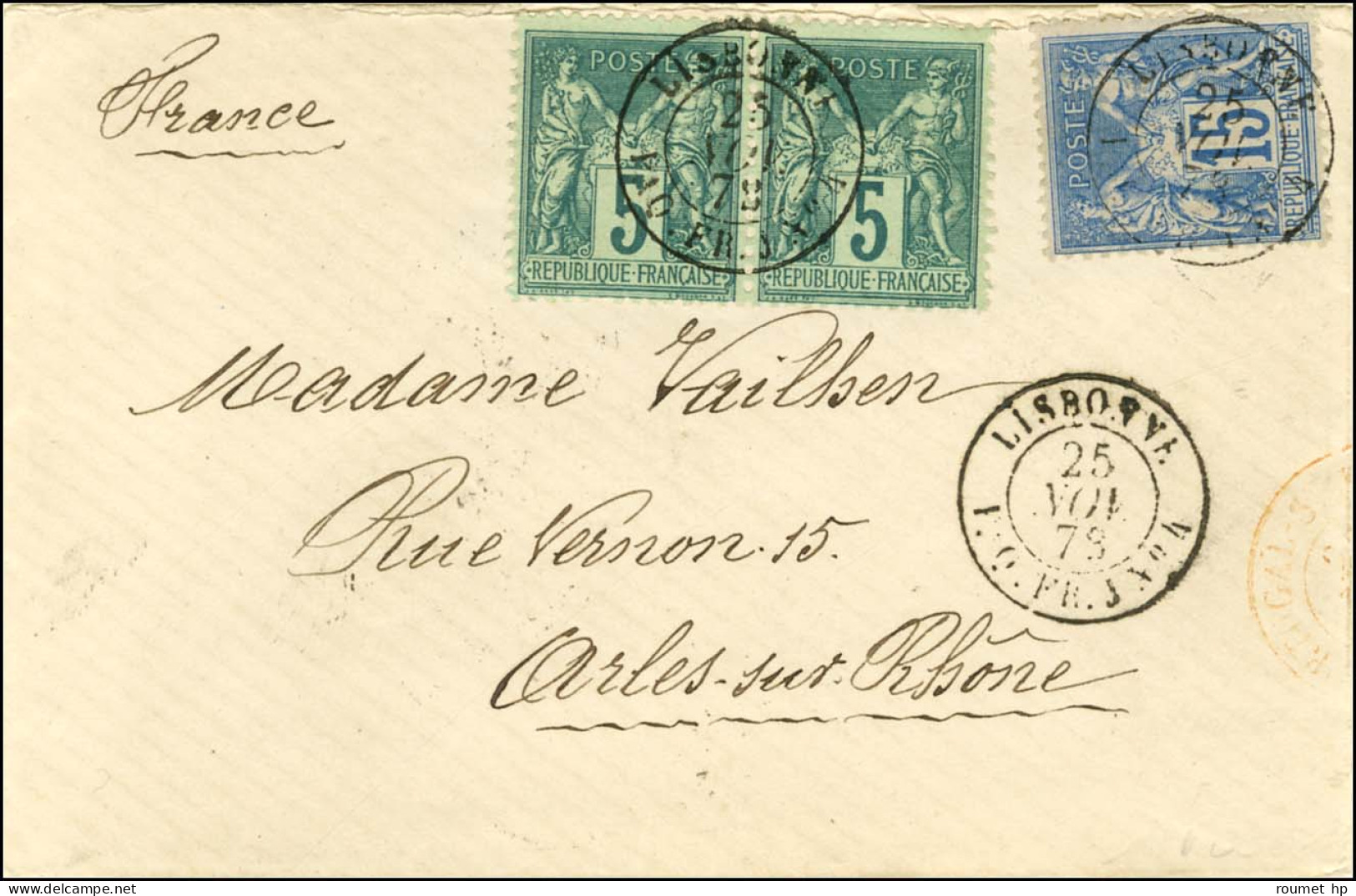 Càd LISBONNE / PAQ.FR. J N° 4 25 NOV. 78 / N° 75 Paire + N° 90 Sur Lettre Pour Arles. Première Pièce Vue. - SUP. - RR. - 1876-1878 Sage (Typ I)