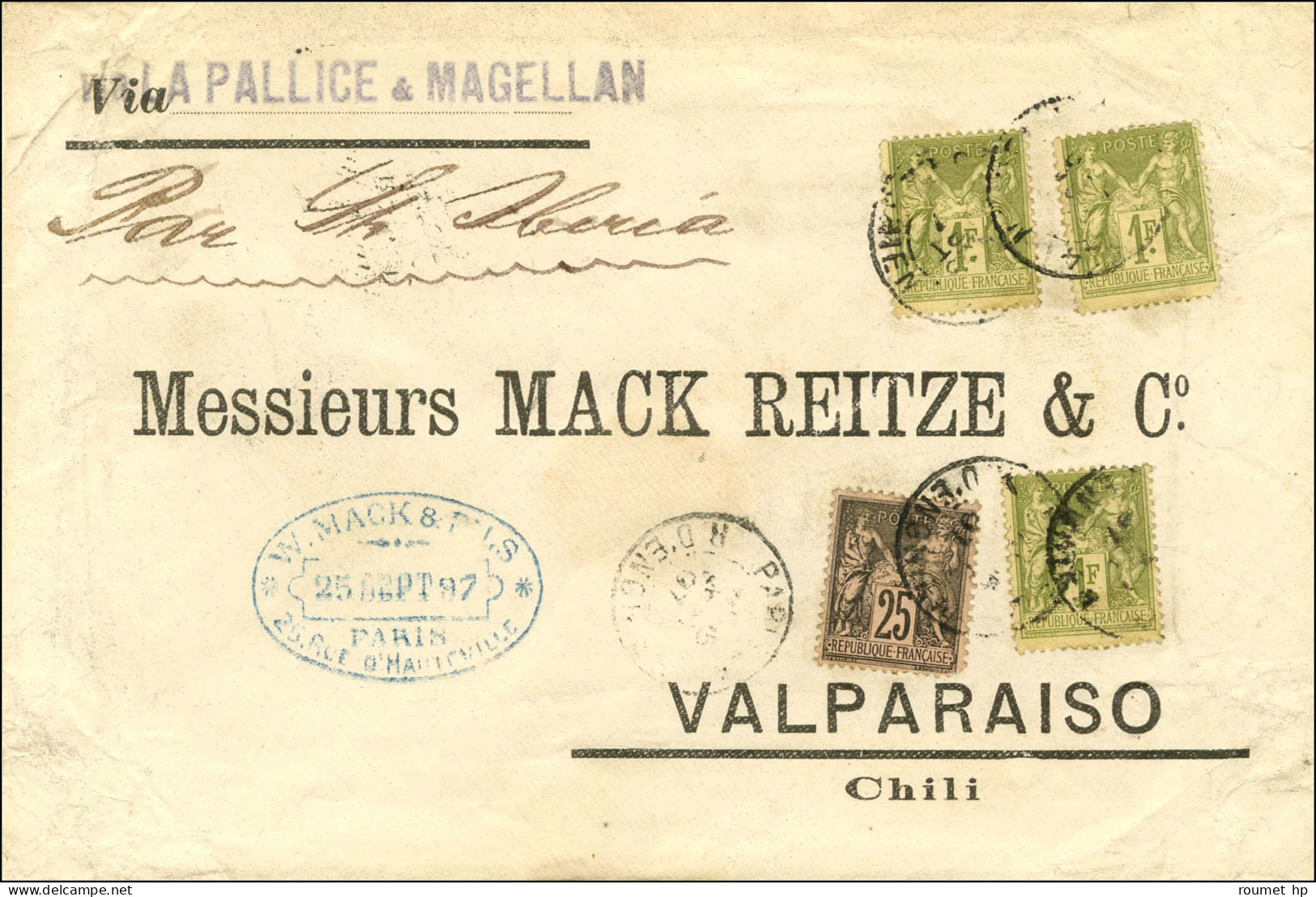 Càd PARIS 4 / R. D'ENGHIEN / N° 82 (3) + N° 97 Sur Lettre Au 13ème échelon Pour Valparaiso. Au Recto, Marque Privée D'ac - 1876-1878 Sage (Typ I)