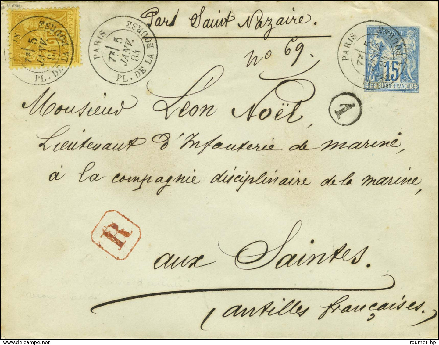 Càd PARIS / PL. DE LA BOURSE Sur Entier 15c + N° 92 Sur Lettre Recommandée Pour Un Militaire Aux Saintes. Les Militaires - 1876-1878 Sage (Type I)