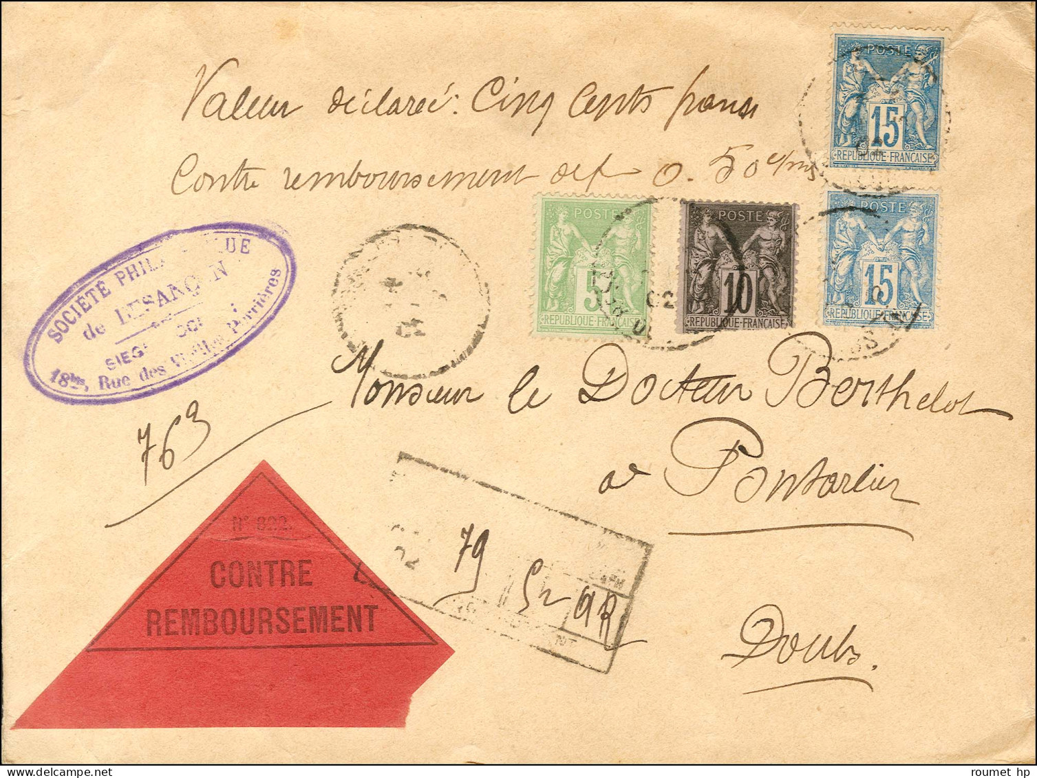 Càd BESANCON / DOUBS / N° 89 + N° 101 (2) + N° 106 Sur Envoi Contre Remboursement De 79g. (valeur Déclarée De 500F.) Por - 1876-1878 Sage (Typ I)