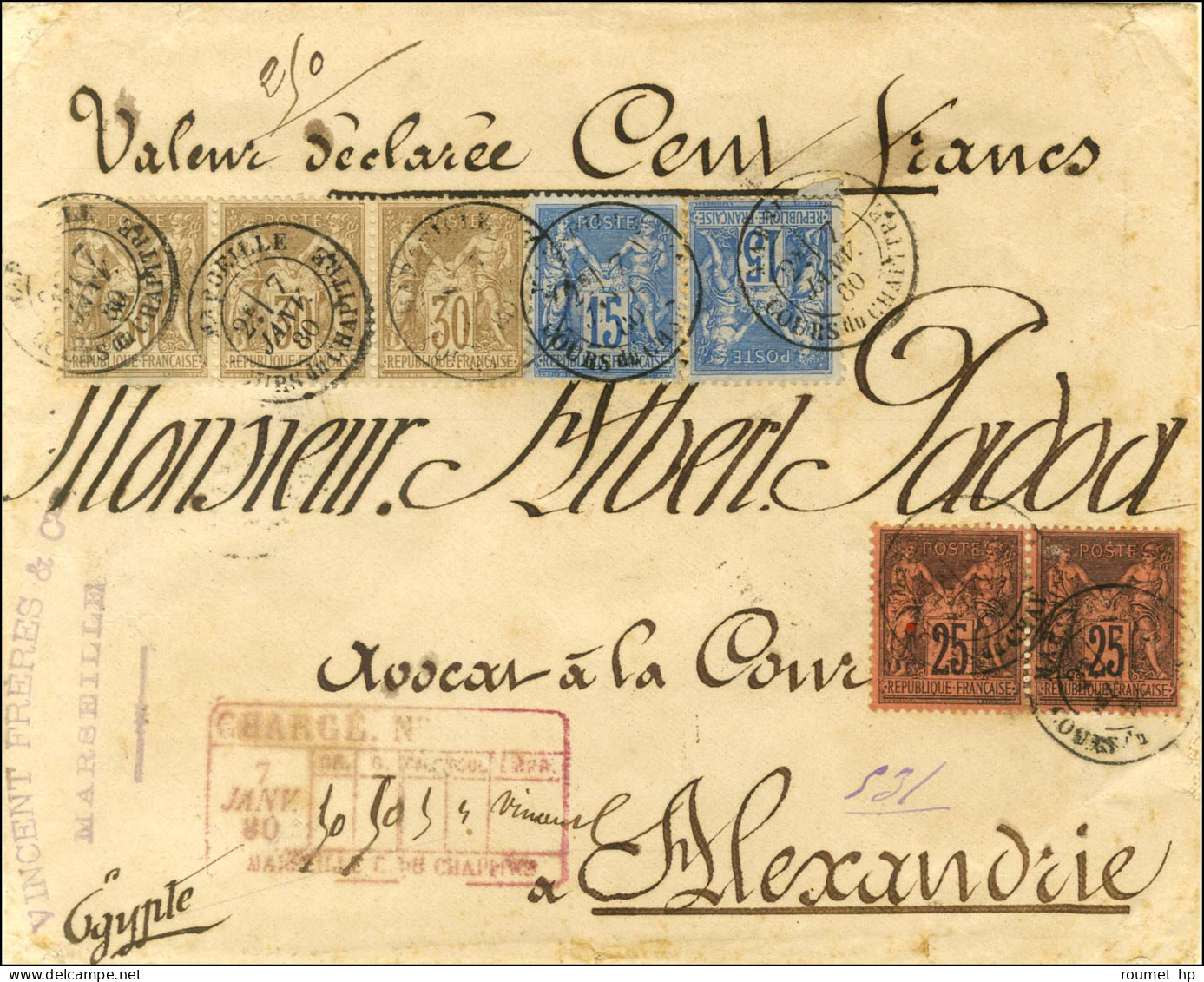 Càd MARSEILLE / COURS DU CHAPITRE / N° 69 Bande De 3 + 90 (2) + 91 Paire Sur Lettre Chargée Pour Alexandrie, Descriptif  - 1876-1878 Sage (Type I)