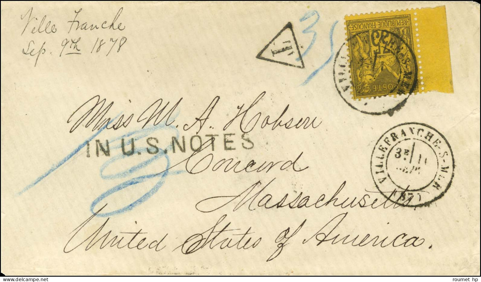 Càd VILLEFRANCHE-S-MER (87) / N° 93 Bdf Sur Lettre 2 Ports Pour Concord (Etats-Unis) Insuffisamment Affranchie. Au Recto - 1876-1878 Sage (Type I)