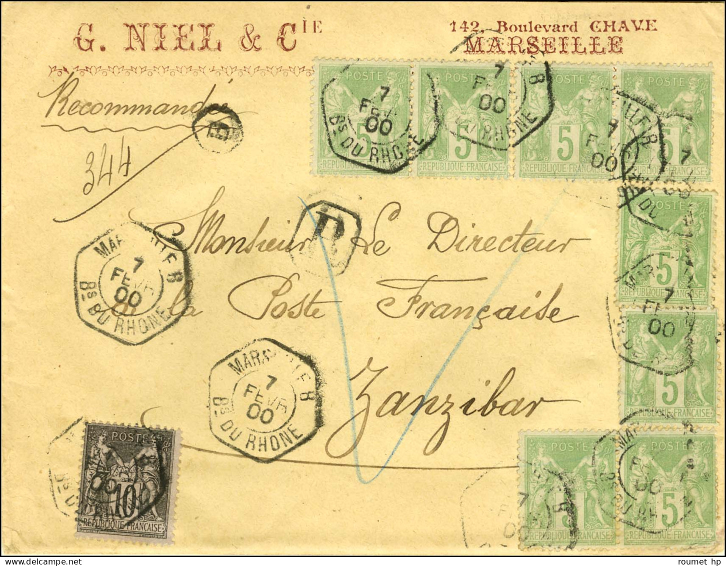 Cachet De Recette Auxiliaire MARSEILLE B / Bes DU RHÔNE / N° 89 + N° 102 (8) Sur Enveloppe Recommandée Pour Zanzibar Ave - 1876-1878 Sage (Typ I)