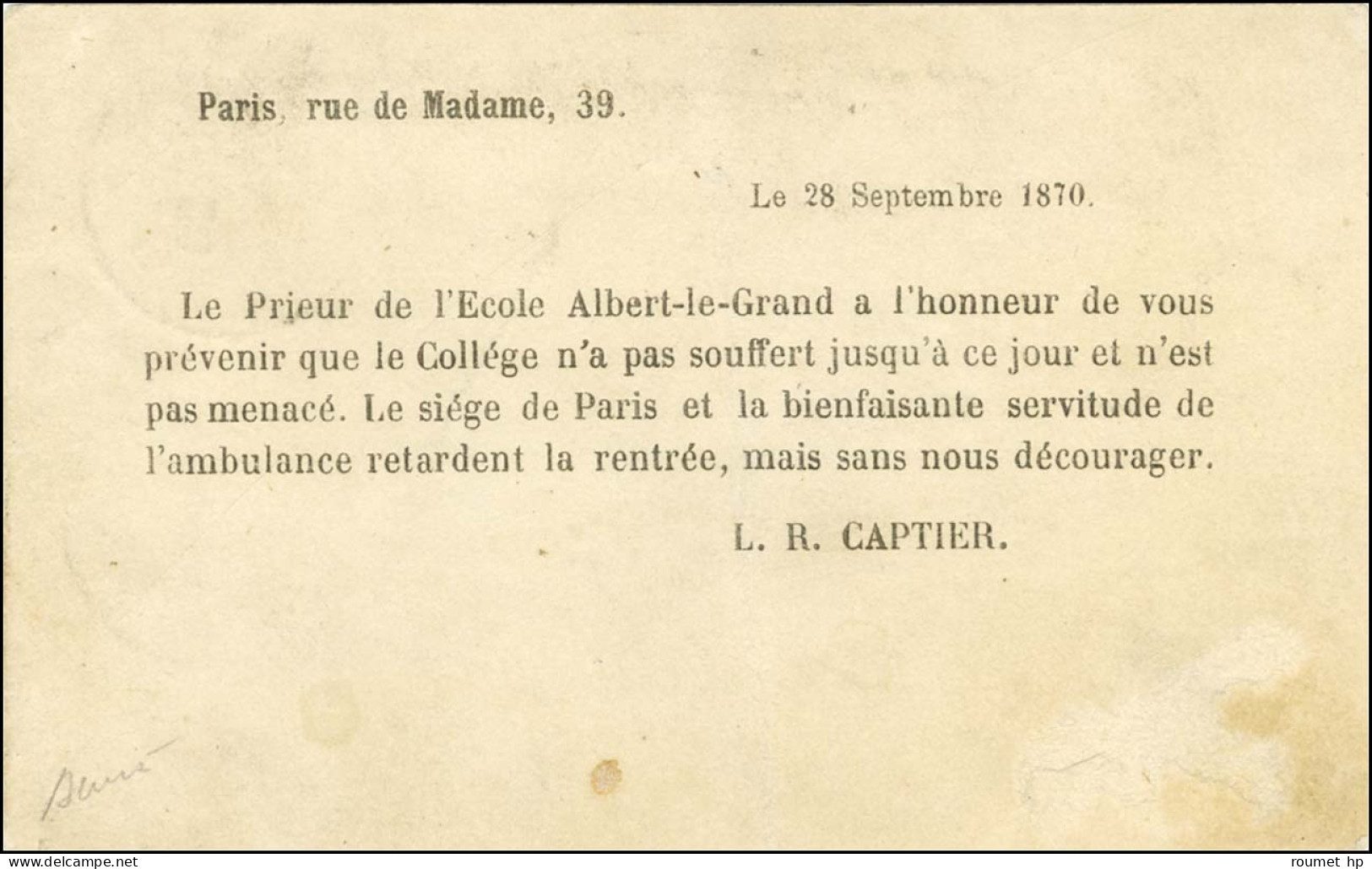 Càd PARIS / R. BONAPARTE 28 SEPT. 70 / N° 28 Sur Circulaire Du Directeur De L'école Albert Le Grand, Imprimée Au Verso D - Oorlog 1870