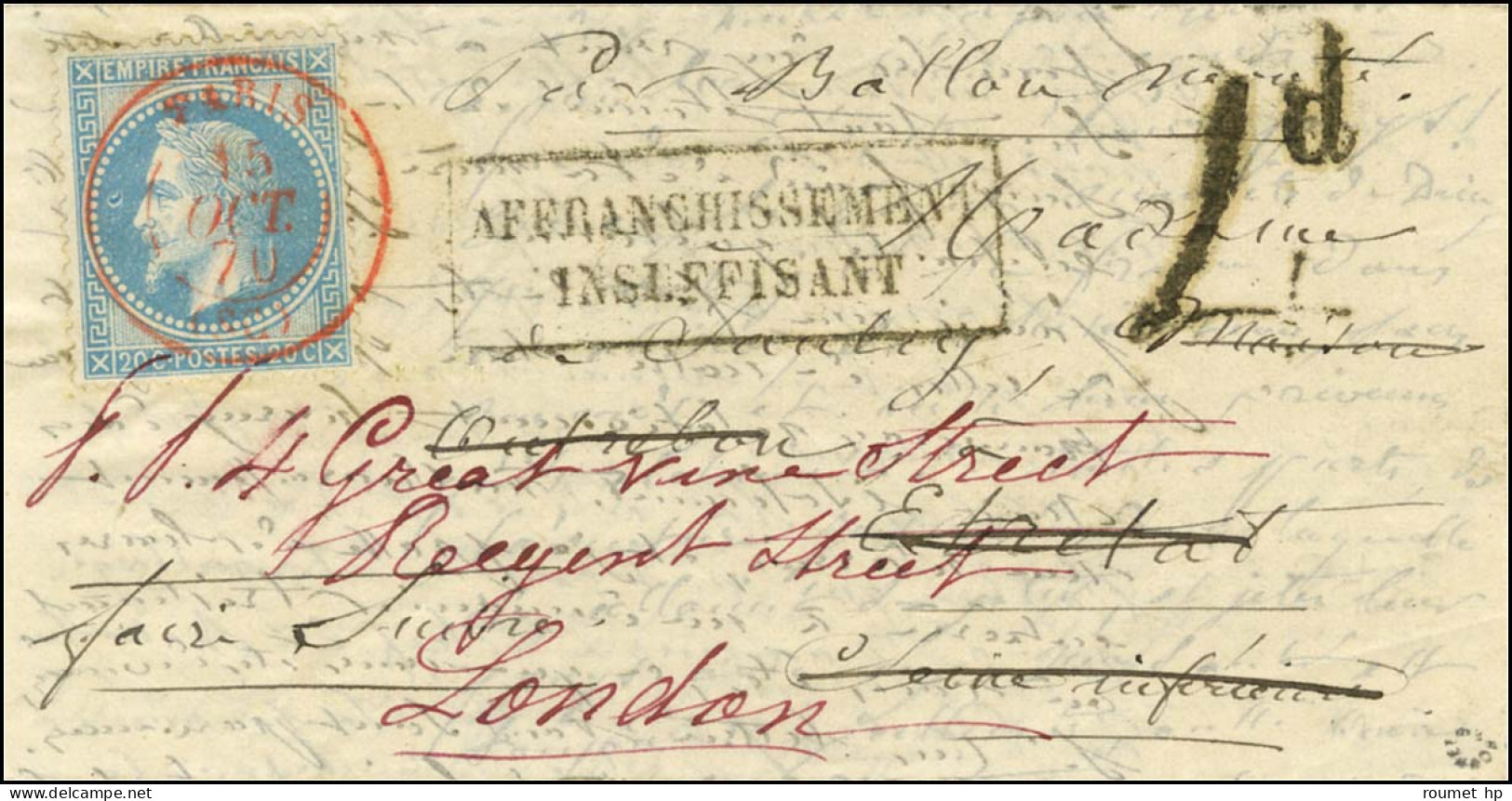 Càd Rouge PARIS (SC) 15 OCT. 70 / N° 29 Sur Lettre Adressée à Etretat Réexpédiée à Londres. Au Recto, Griffe Encadrée AF - Guerra De 1870