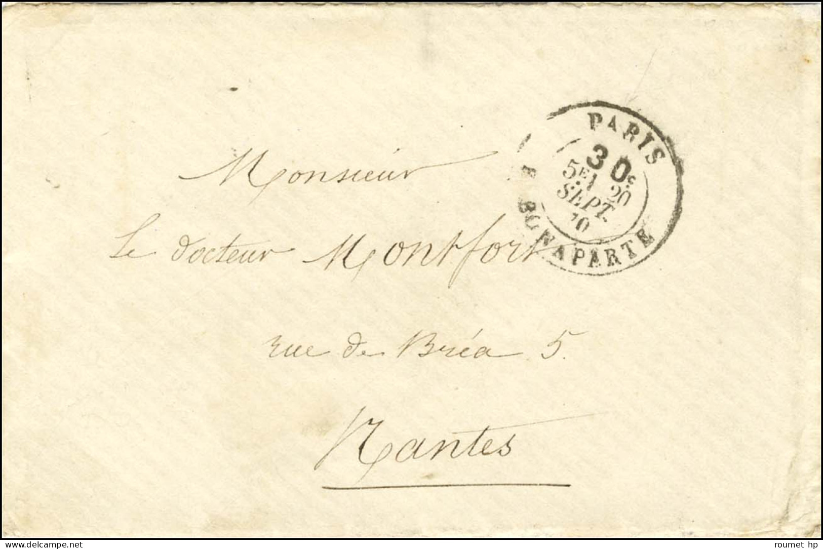 Càd Taxe 30c PARIS / R. BONAPARTE 20 SEPT. 70 Sur Lettre Pour Nantes, Au Verso Càd D'arrivée 23 OCT. 70. LE VICTOR HUGO. - War 1870