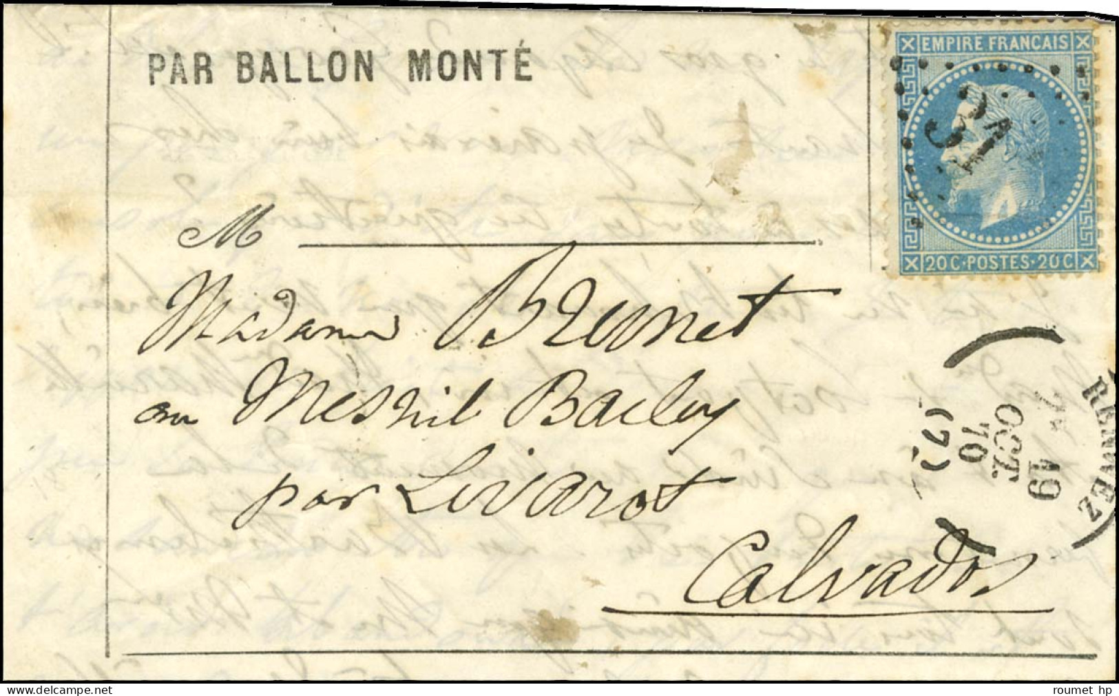 Lettre Avec Texte Daté De Paris Le 18 Octobre 1870 Pour Livarot. Au Recto, GC 3113 / N° 29 Càd T 16 RENWEZ (7) 19 OCT. 7 - Guerre De 1870