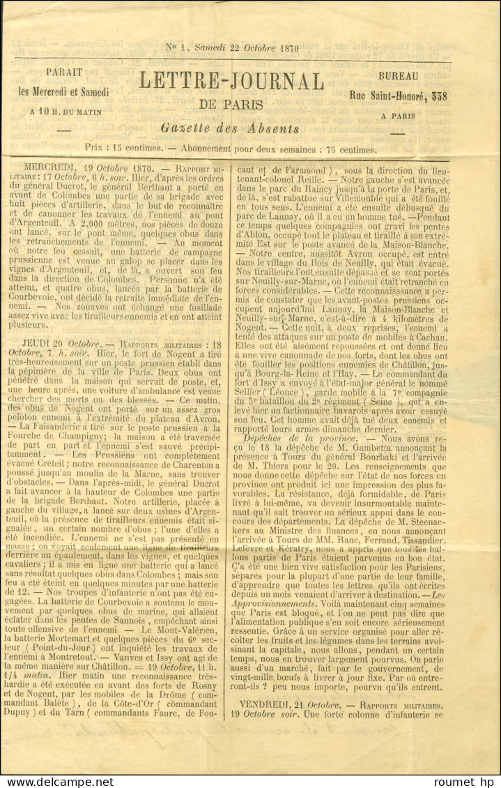 Etoile 3 / N° 37 Càd PARIS / PL. DE LA MADELEINE 28 OCT. 70 Sur Gazette Des Absents N° 1 Pour Sorgues Par Bourron (Seine - Krieg 1870