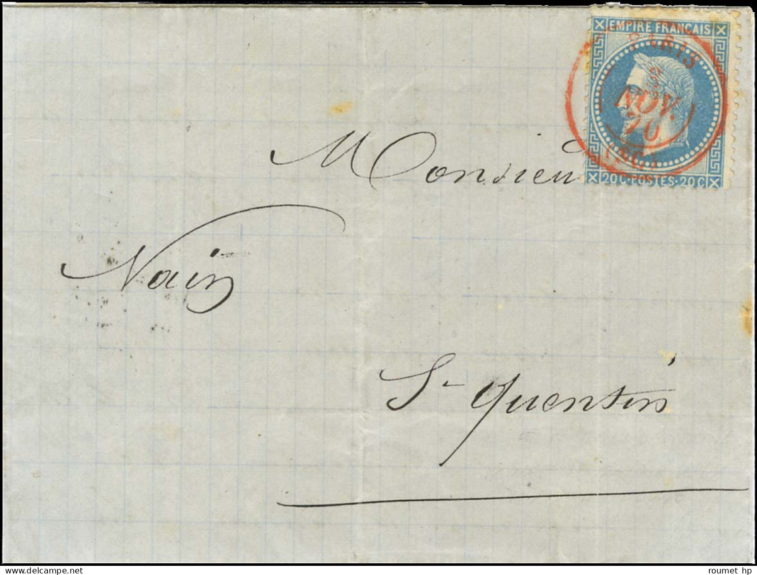 Càd Rouge PARIS (SC) 3 NOV. 70 / N° 29 Sur Lettre Pour St Quentin, Au Verso Càd D'arrivée 9 NOV. 70. LE FERDINAND FLOCON - Guerre De 1870