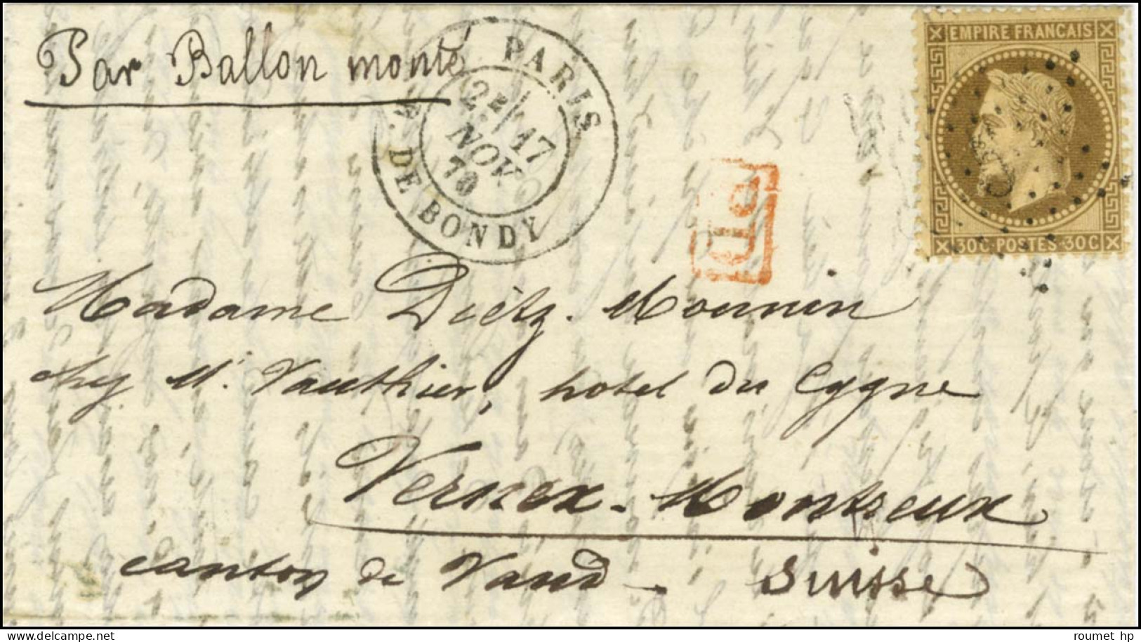 Etoile 5 / N° 30 Càd PARIS / R. DE BONDY 17 NOV. 70 Sur Lettre Pour Montreux. Au Verso, Càd D'arrivée 27 NOV. 70. LE GÉN - Krieg 1870