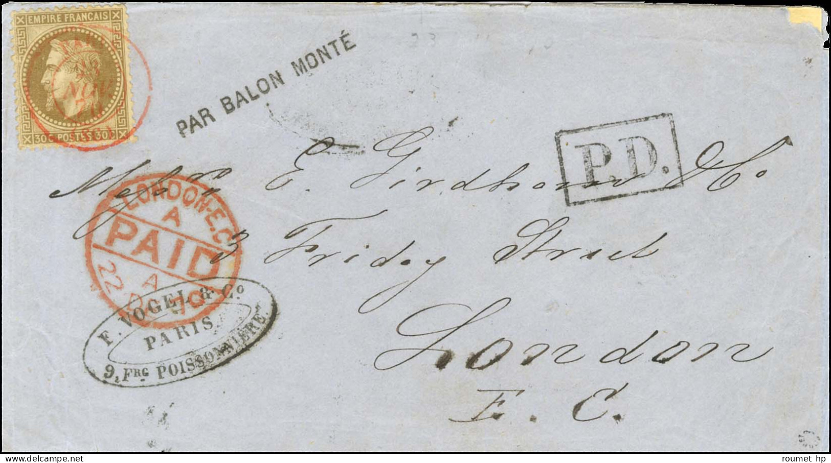 Càd Rouge PARIS (SC) 23 NOV. 70 / N° 30 Sur Enveloppe Sans Texte PAR BALLON MONTE Pour Londres. Au Recto, Càd D'arrivée  - Oorlog 1870