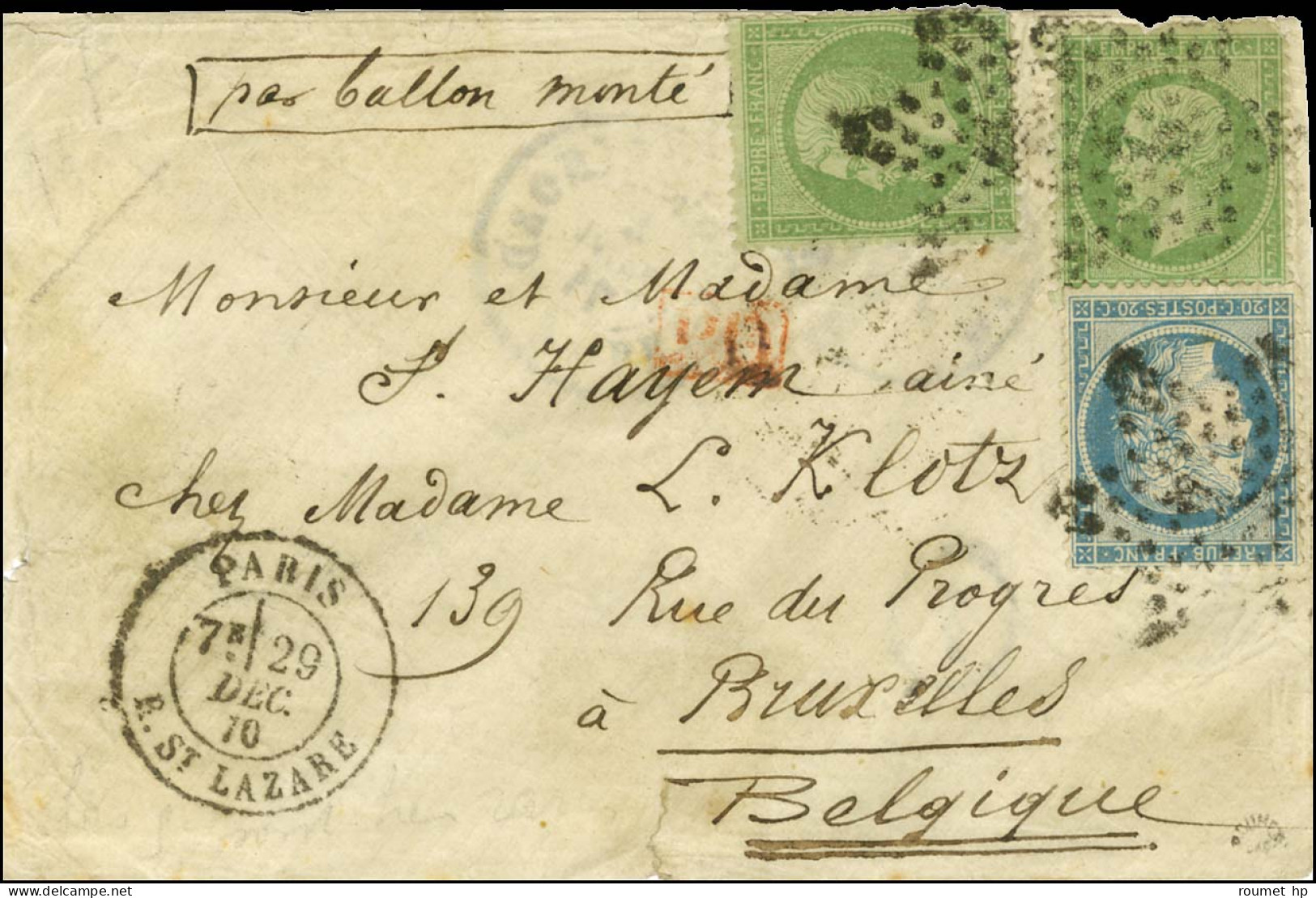 Etoile 2 / N° 20 (2) + N° 37 Càd PARIS / R. ST LAZARE 29 DEC. 70 Sur Enveloppe Sans Texte Pour Bruxelles. Au Verso, Càd  - Krieg 1870