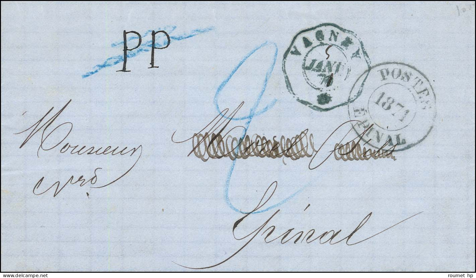 Cachet Télégraphique Bleu VAGNEY * 5 JANV. 71 + PP (manuscrit) Sur Lettre Avec Texte Pour Epinal. Au Recto Cachet Provis - Guerre De 1870