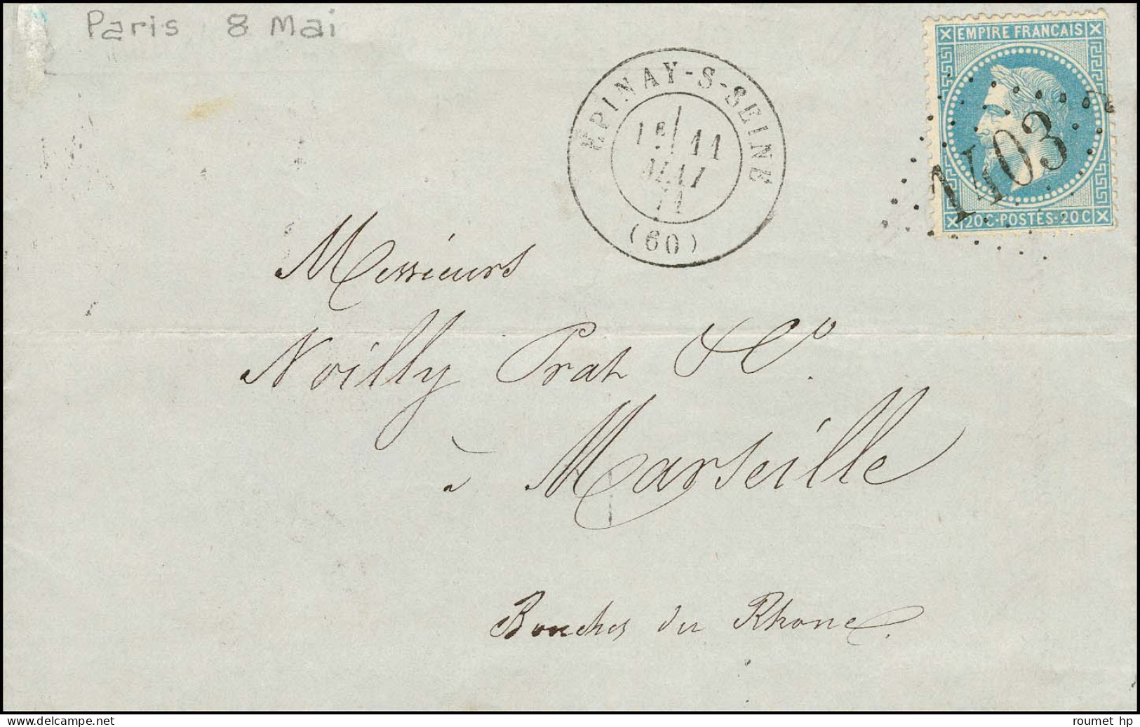 Lettre Avec Texte Daté De Paris Le 8 Mai 1871 Remise Par Passeur Au Bureau D’Epinay Sur Seine Pour Marseille, GC 1403 /  - Guerre De 1870