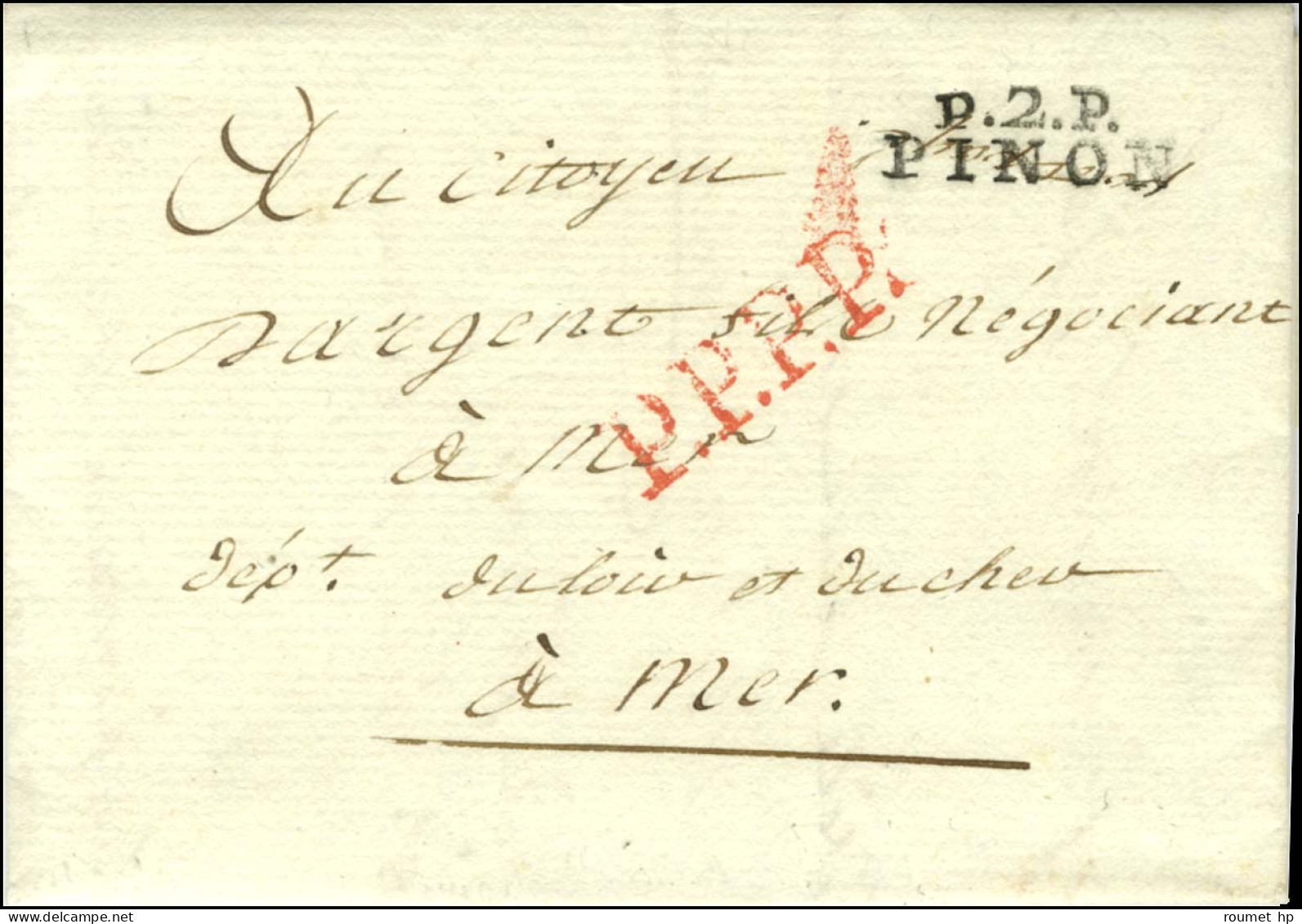 P.2.P. / PINON Sur Lettre Avec Texte Daté Anisy La Rivière Le 13 Fructidor An 2, Signée Bourdon De L'Aisne Pour Mer. - S - Autres & Non Classés