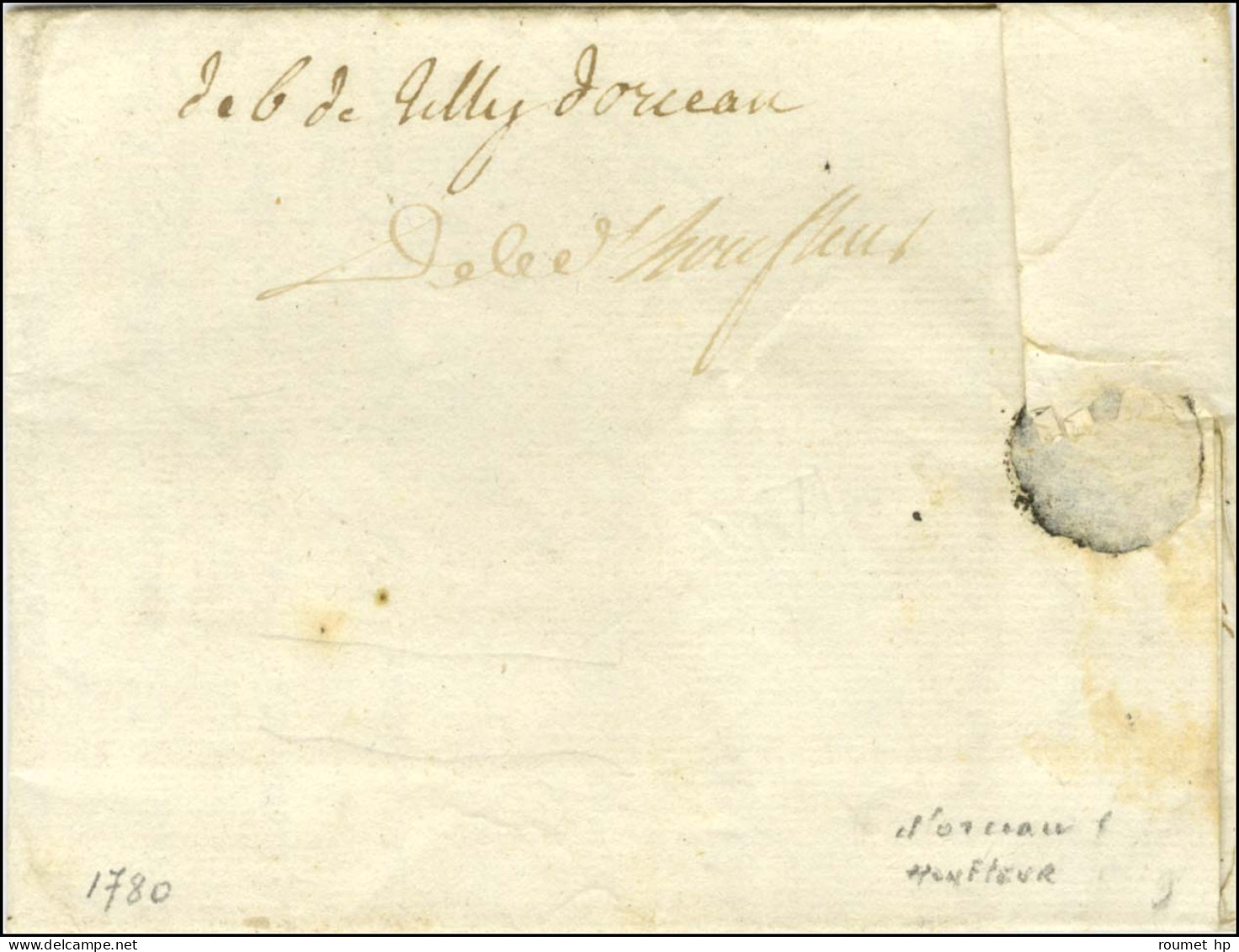 '' Deb De Tilly D'Orceau '' (non Signalé) + '' Deb D'Honfleur '' Sur Lettre Avec Texte Daté 1780. - TB / SUP. - R. - Other & Unclassified