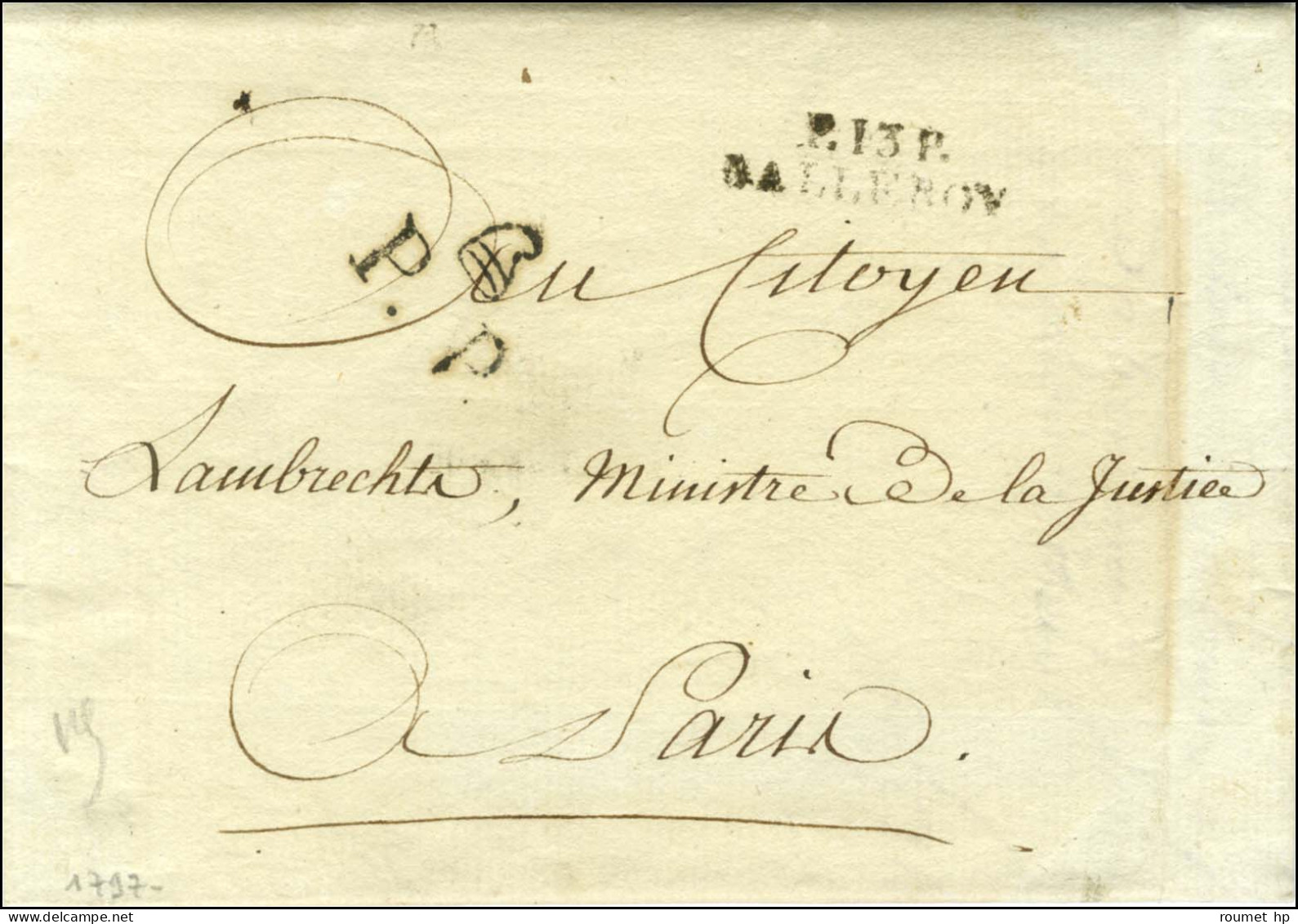 P.13.P. / BALLEROY Sur Lettre Avec Texte Daté Du 14 Thermidor An 6 Pour Paris. Au Recto, P.P. Bonnet Phrygien. - TB / SU - Other & Unclassified