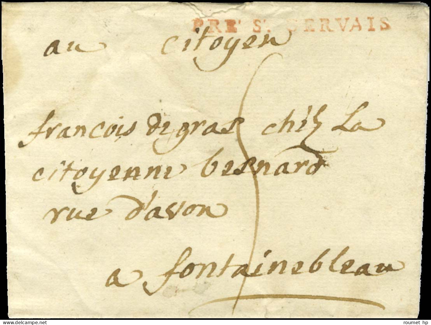 PRÉ St GERVAIS Rouge (L N° 177) Sur Lettre Avec Texte Daté 1794 Pour Fontainebleau. - TB / SUP. - R. - Autres & Non Classés