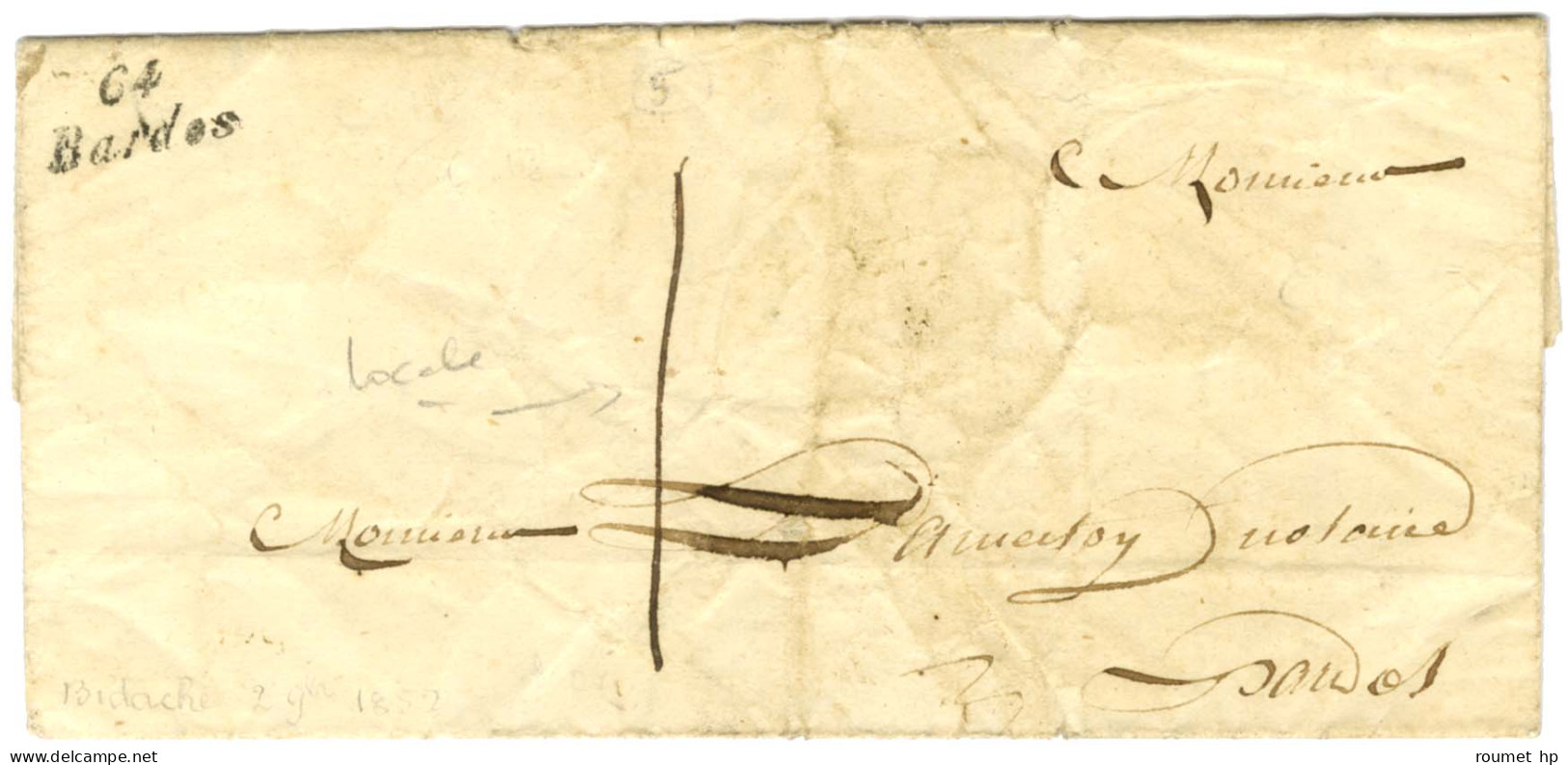 Cursive 64 / Bardos Sur Lettre Avec Texte Daté Du 2 Novembre 1852 Adressée Localement Taxée 1. - TB / SUP. - Autres & Non Classés