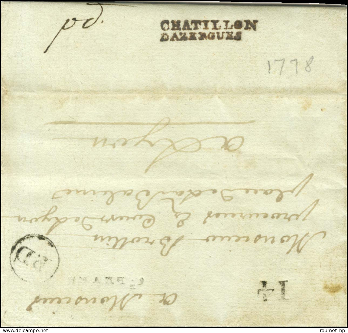 CHATILLON / DAZERGUES Rougeâtre Au Verso D'une Lettre Avec Texte Daté Du 12 Décembre 1778 Adressée En Port Dû à Lyon. -  - Autres & Non Classés