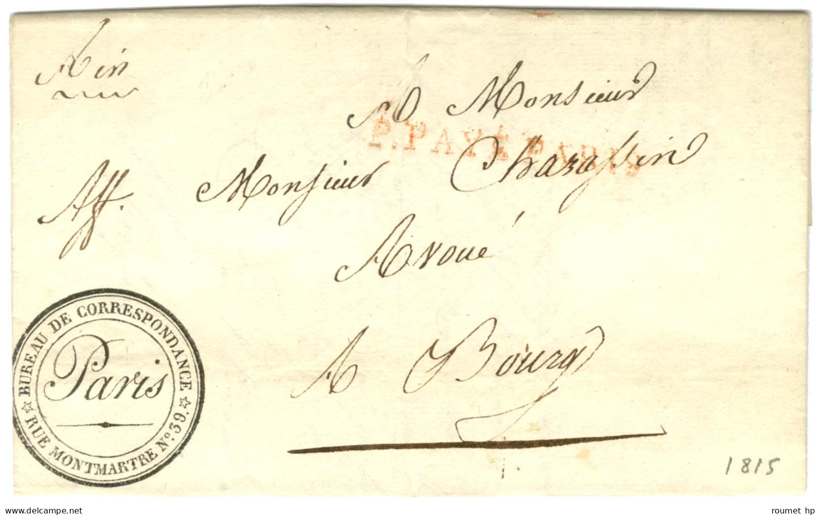 BUREAU DE CORRESPONDANCE / RUE MONTMARTRE N° 39 / PARIS (S N° 9147) Sur Lettre Avec Texte Daté Du 4 Janvier 1815 Pour Bo - Ohne Zuordnung