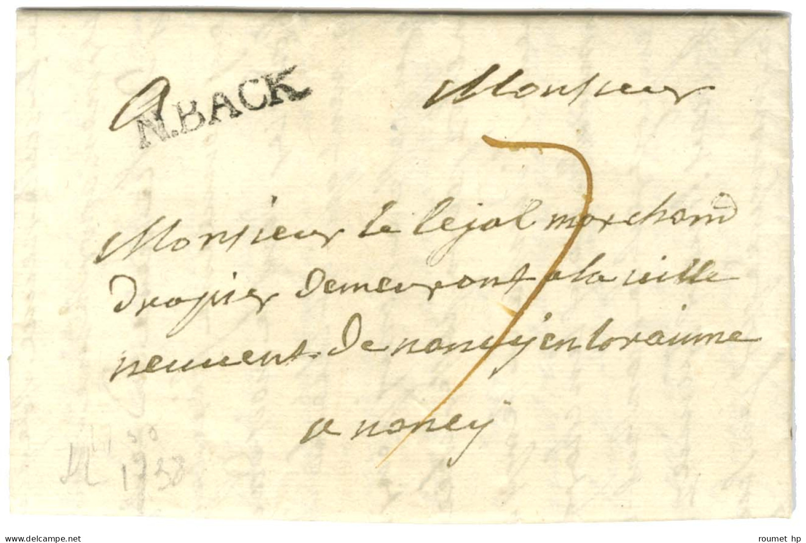 N.BACK (Neuf Brisach) Sur Lettre Avec Texte Daté 28 Janvier 1738 Pour Nancy. - SUP. - Legerstempels (voor 1900)