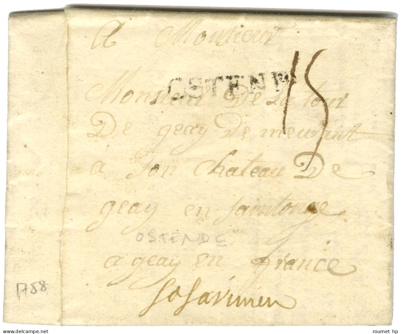 OSTENDe (7A N° 83) Sur Lettre Avec Texte Daté D'Ostende Le 25 Juin 1758 Pour Geay En Saintonge. - TB. - Legerstempels (voor 1900)