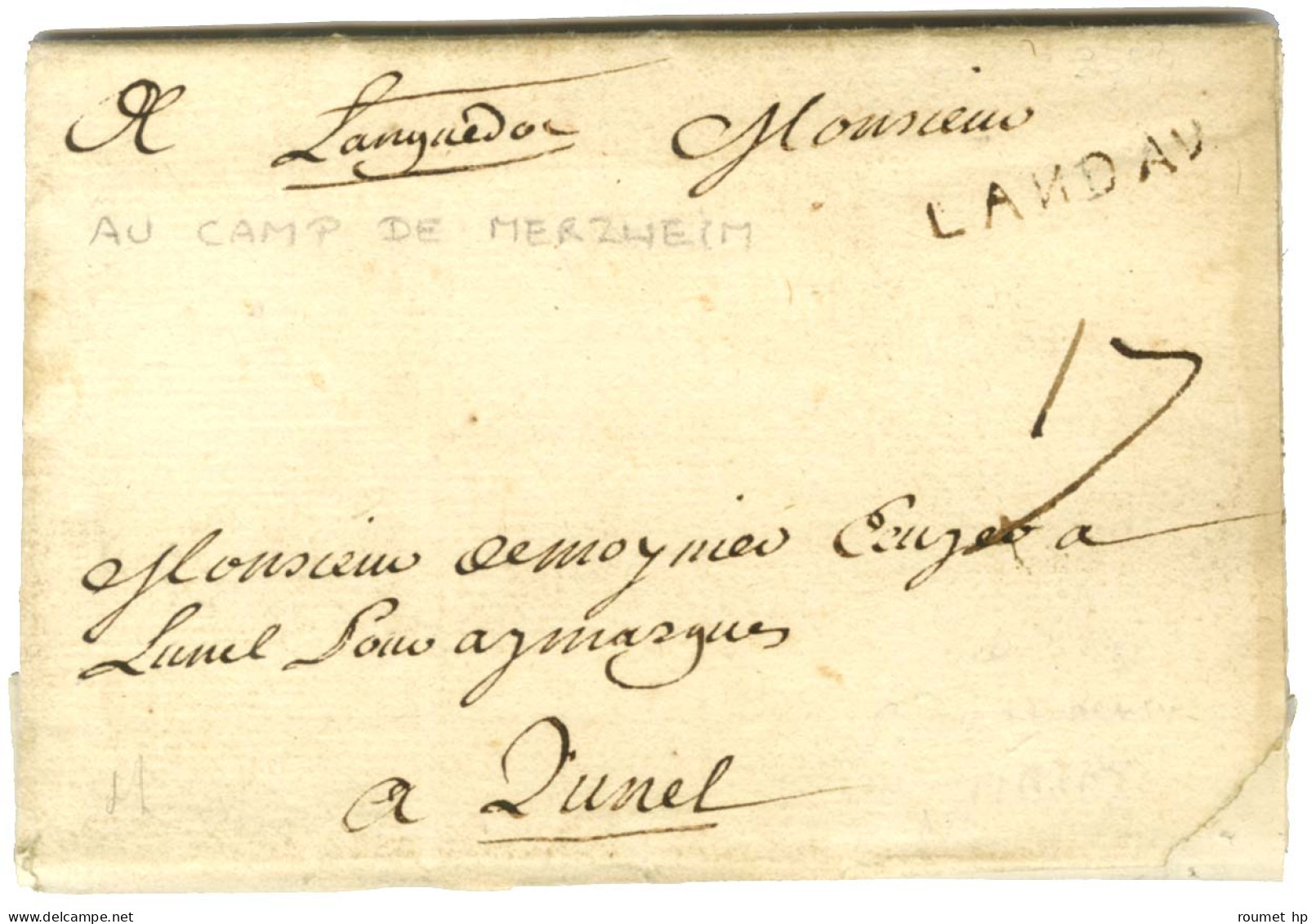 LANDAV Sur Lettre Avec Texte Daté '' Au Camp De Merzheim Sous Landau Le 21 Août '' Pour Lunel. - TB / SUP. - Army Postmarks (before 1900)