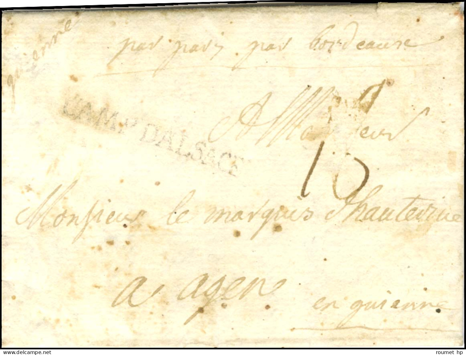 CAMP D'ALSACE Sur Lettre Avec Texte Daté Du 4 Septembre 1754 Pour Agen. - TB. - RR. - Army Postmarks (before 1900)