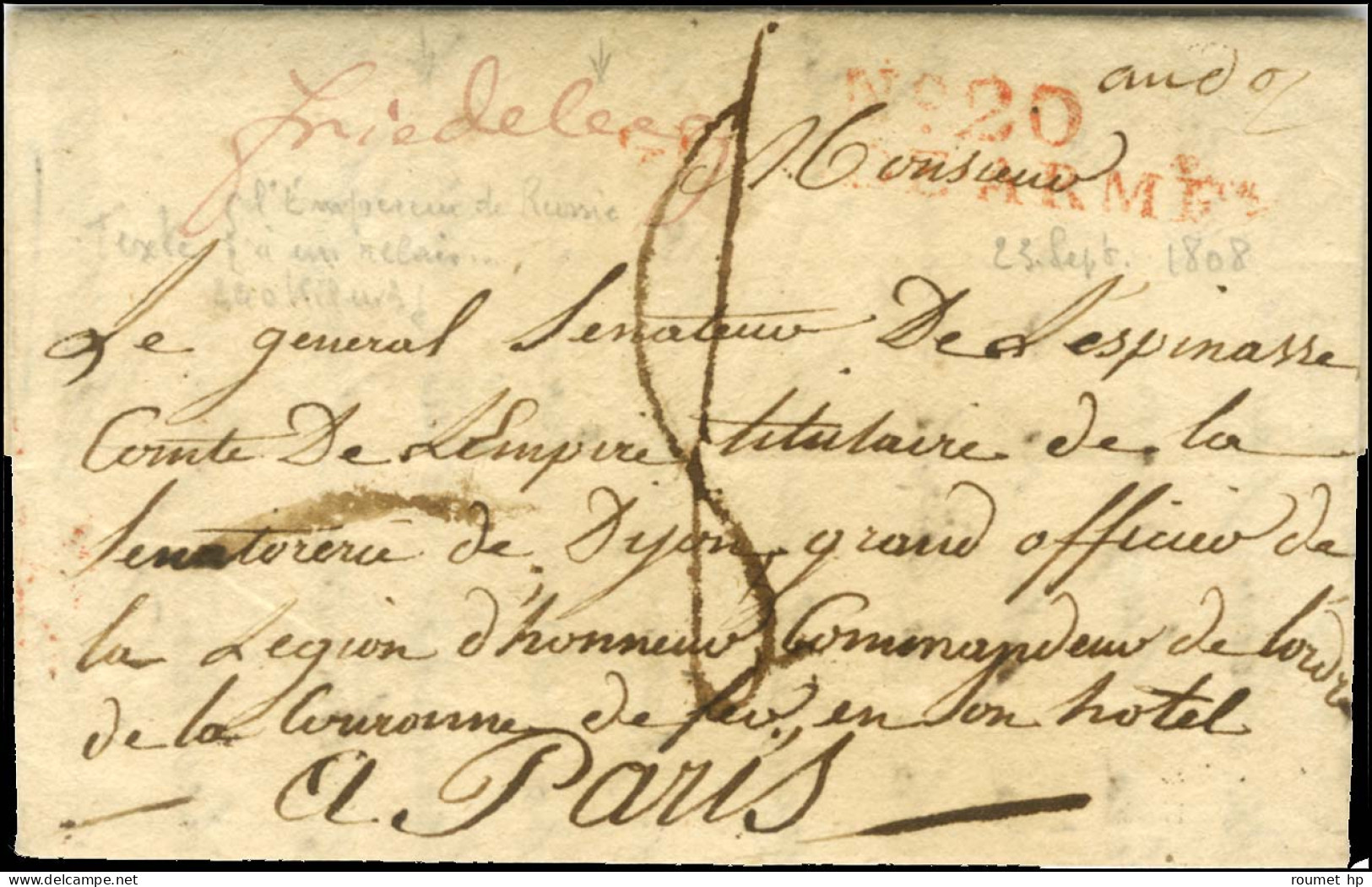 N° 20 / GRANDE-ARMÉE Rouge Sur LAS Lespinasse Avec Superbe Texte Mentionnant L'Empereur De Russie Daté Du 23 Septembre 1 - Army Postmarks (before 1900)