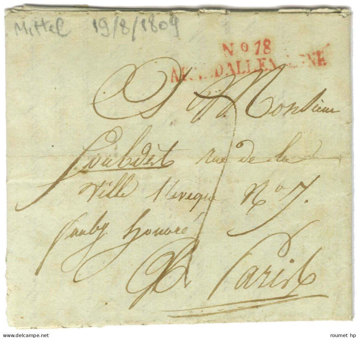 N° 18 / ARM.D'ALLEMAGNE Rouge Sur Lettre Avec Texte Daté De Mittel Le 19 Août 1809 Pour Paris. - TB / SUP. - Army Postmarks (before 1900)