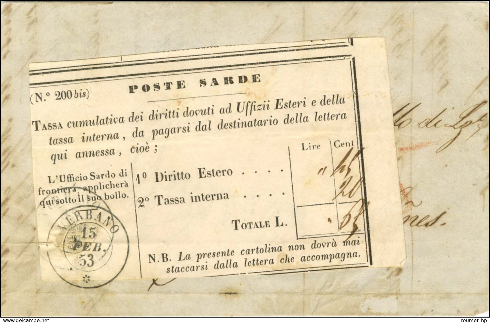 Càd VERBANO 15 FEB. 53 Sur étiquette De La Poste Sarde Sur Lettre De Mannheim Pour Gênes. - TB / SUP. - R. - Other & Unclassified