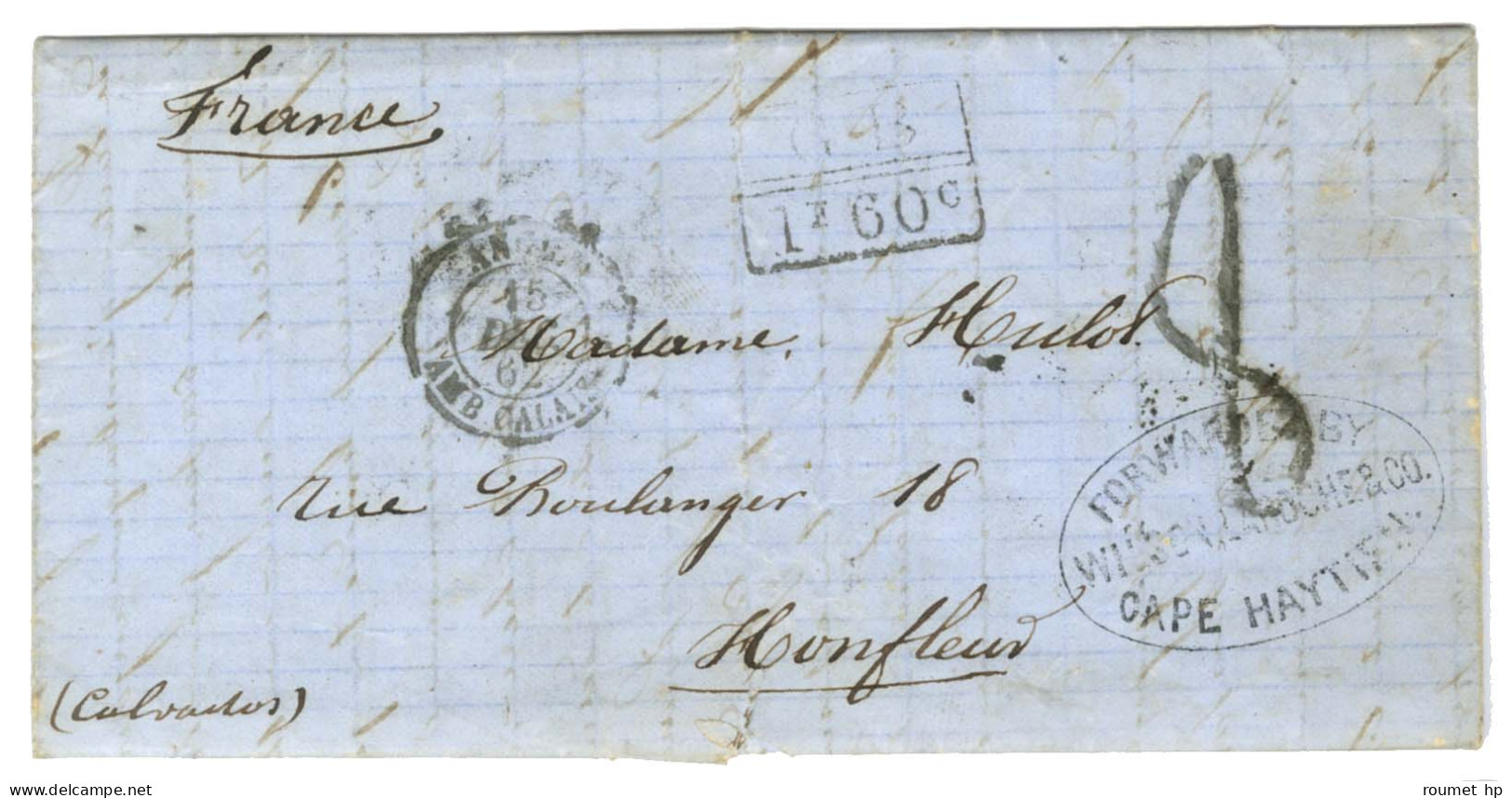 Lettre Avec Texte Daté Du Cap Haitien Pour Honfleur, Au Verso Càd De Jacmel, Au Recto Cachet De Forward Du Cap Haitien,  - Andere & Zonder Classificatie