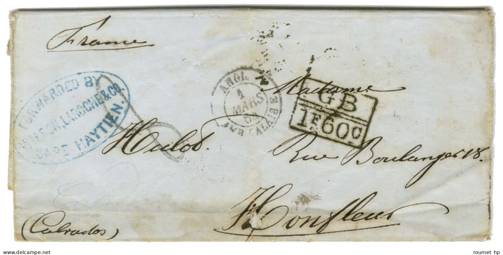 Lettre Avec Texte Daté Du Cap Haitien Pour Honfleur, Au Verso Càd De Jacmel, Au Recto Cachet De Forward Bleu Du Cap Hait - Other & Unclassified