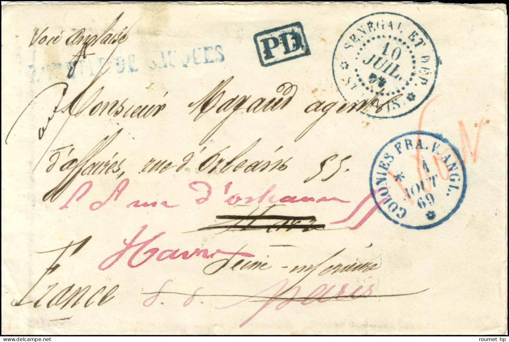 Càd Bleu SÉNÉGAL ET DEP. / ST LOUIS Sur Lettre Affranchie En Numéraire Pour Le Mans Avec Nombreuses Réexpéditions. 1869. - Autres & Non Classés