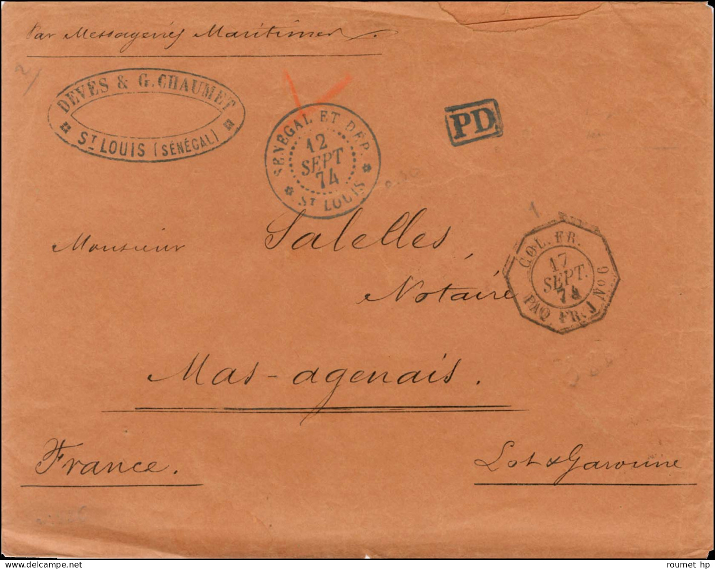 Càd Bleu SÉNÉGAL ET DEP. / ST LOUIS Sur Lettre Affranchie En Numéraire Pour Le Mas Agenais, Au Recto Càd Octo COL.FR. /  - Sonstige & Ohne Zuordnung