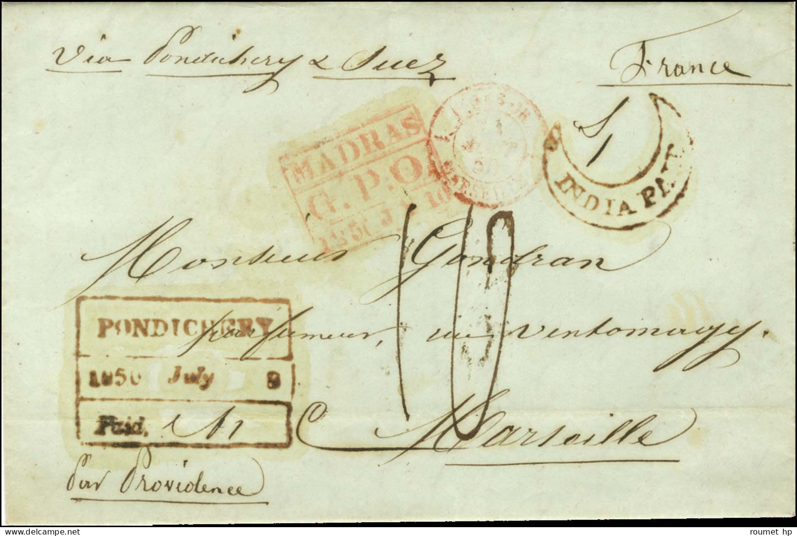 Lettre Avec Texte Daté De St Denis Le 8 Juin 1850 Pour Marseille, Au Recto Marques Postales Encadrées PONDICHERY Et MADR - Autres & Non Classés