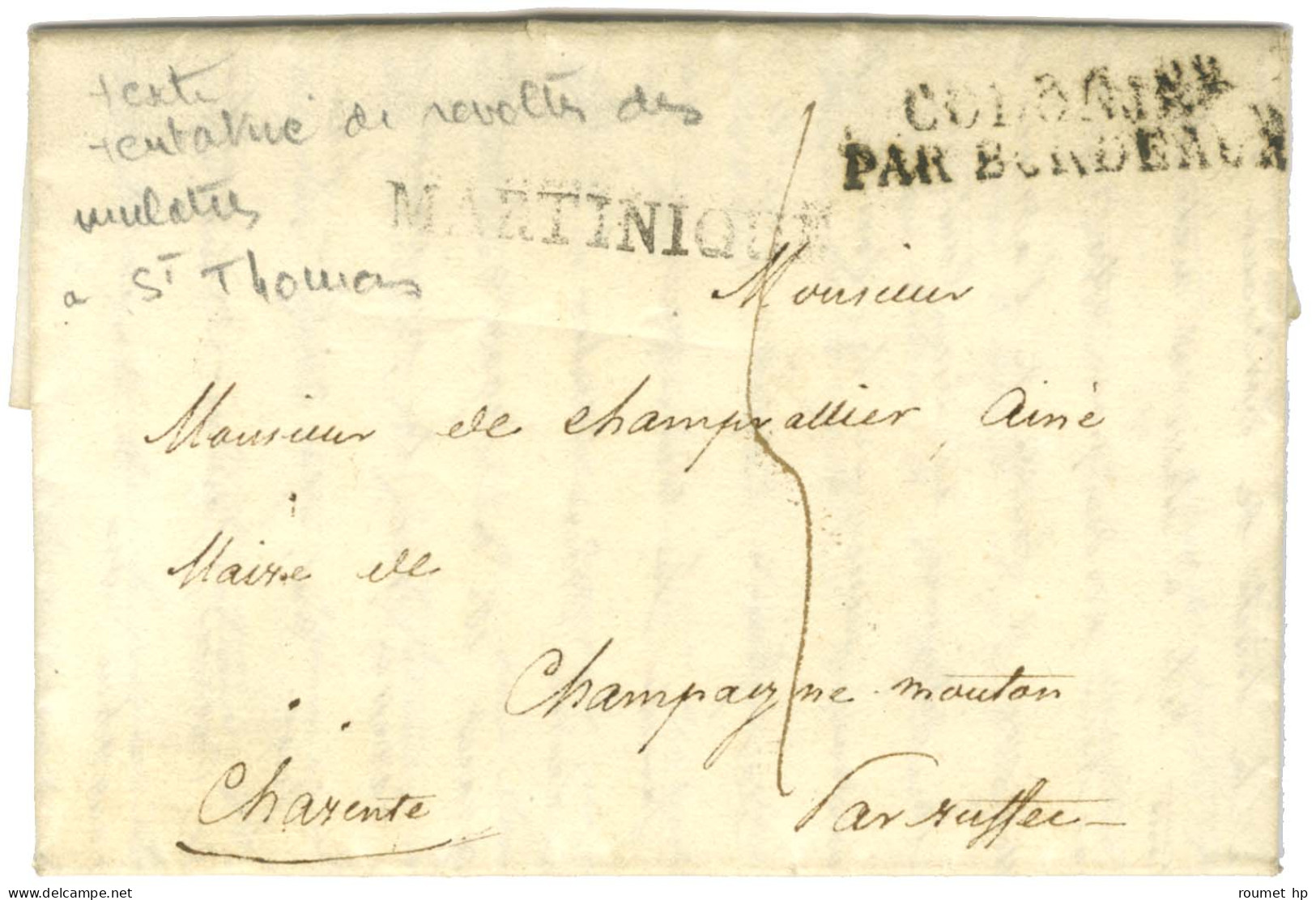 Lettre Avec Très Bon Texte Historique Sur La Tentative De Révolte Des Mulâtres à Saint Thomas, Daté De Saint Pierre De L - Entry Postmarks