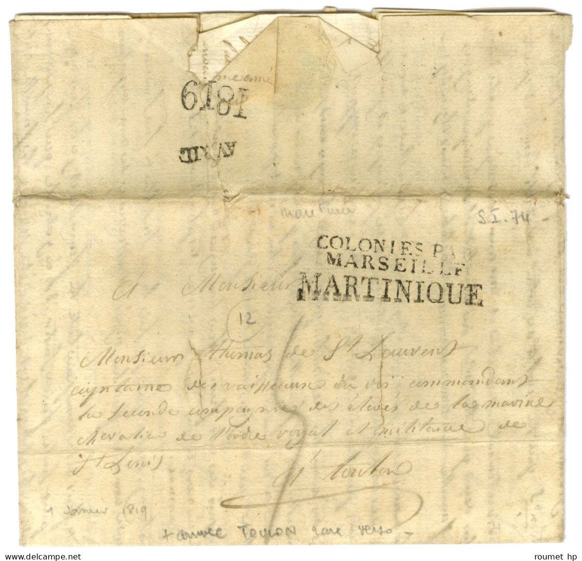 Lettre Avec Long Texte Daté Du 1 Janvier 1819 Pour Toulon, Au Recto Marque MARTINIQUE Et Marque Postale D'entrée COLONIE - Entry Postmarks