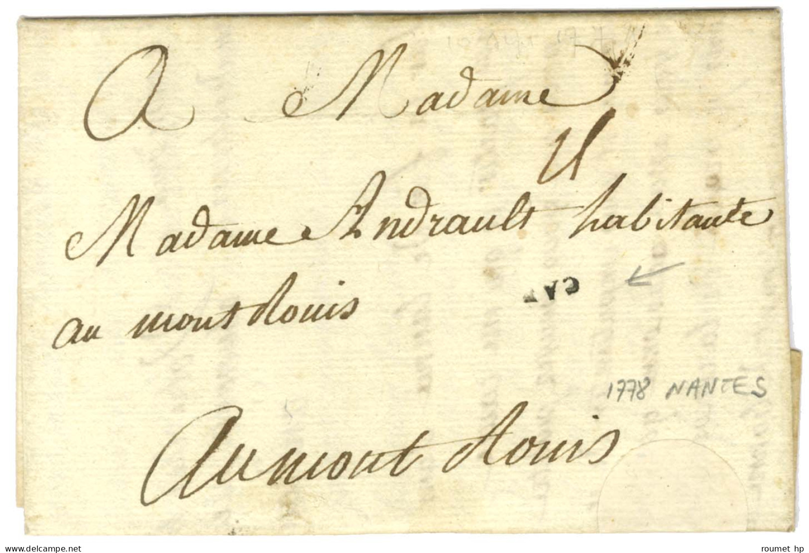 Lettre Avec Texte Daté De Nantes Le 10 Septembre 1778 Pour Montlouis. Au Recto, CAP (Jamet N° 6). - TB. - Other & Unclassified