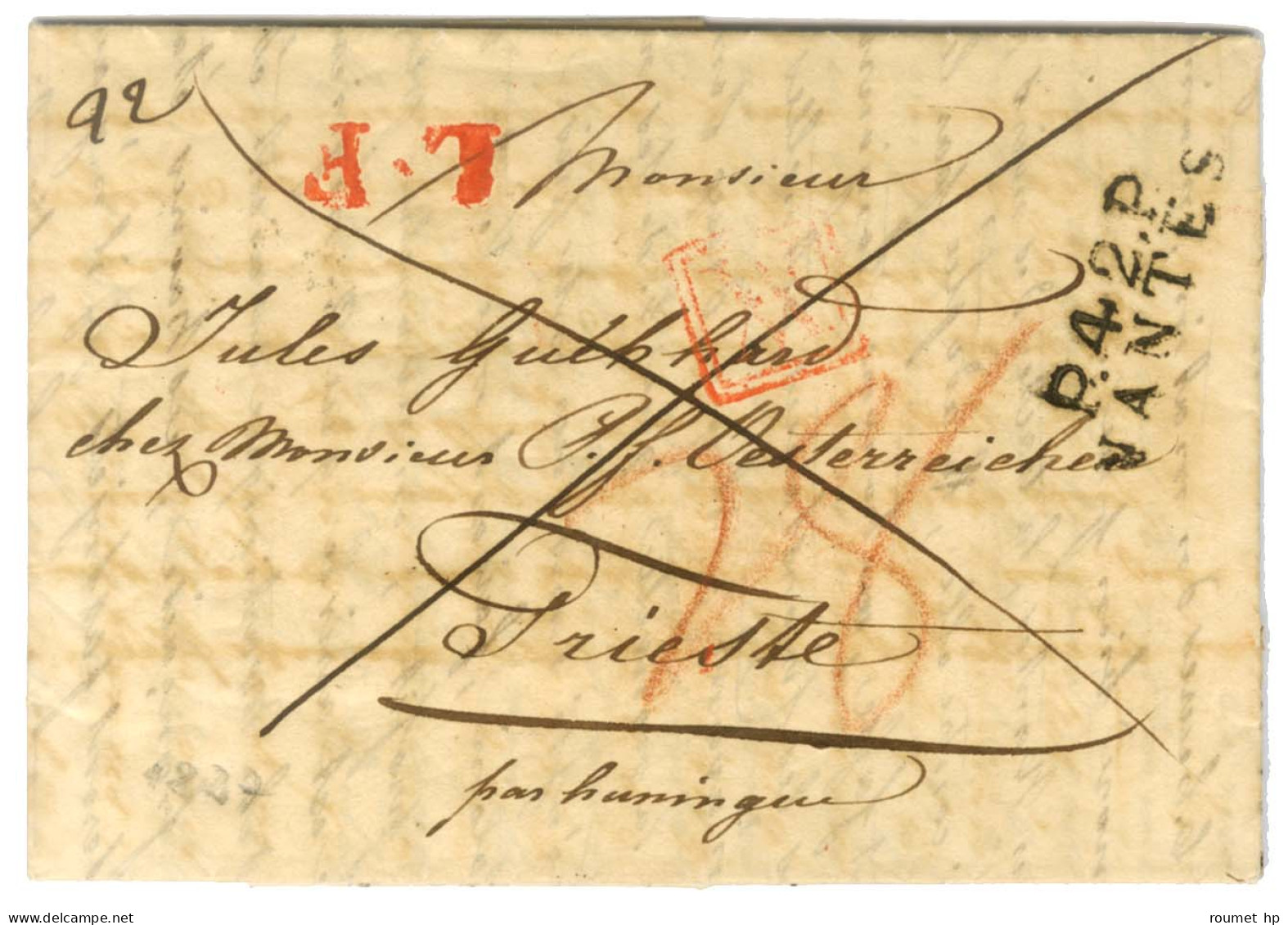 P.42.P. / NANTES Sur Lettre Avec Très Bon Texte Daté Du 12 Mai 1827 Pour Trieste. Au Recto, L.F Rouge. - TB / SUP. - Other & Unclassified