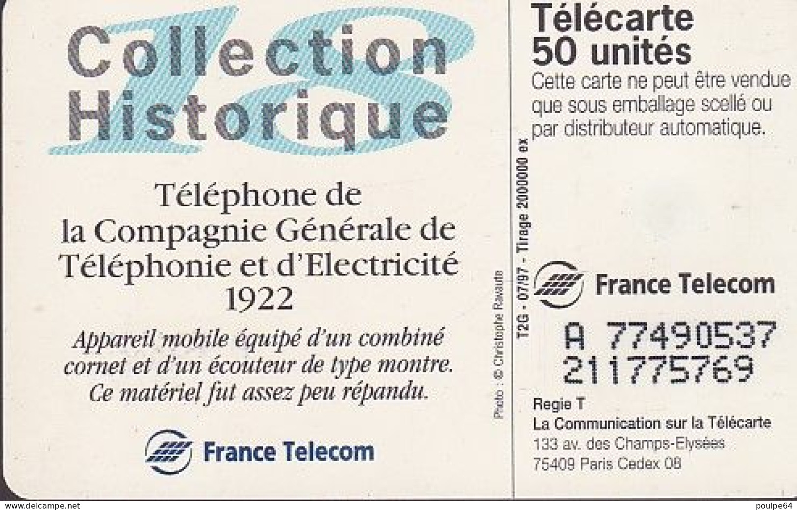 F766  07/1997 - C.G.T.E. 1922 - 50 SO3 - (verso N° Deux Lignes - 2ème Ligne Vers La Gauche Sous Le A) - 1997