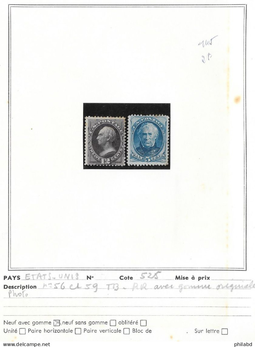 Etats-Unis D'Amérique N°56 12c Violet-noir & N°59 5c Bleu 1870-75 * - Nuevos