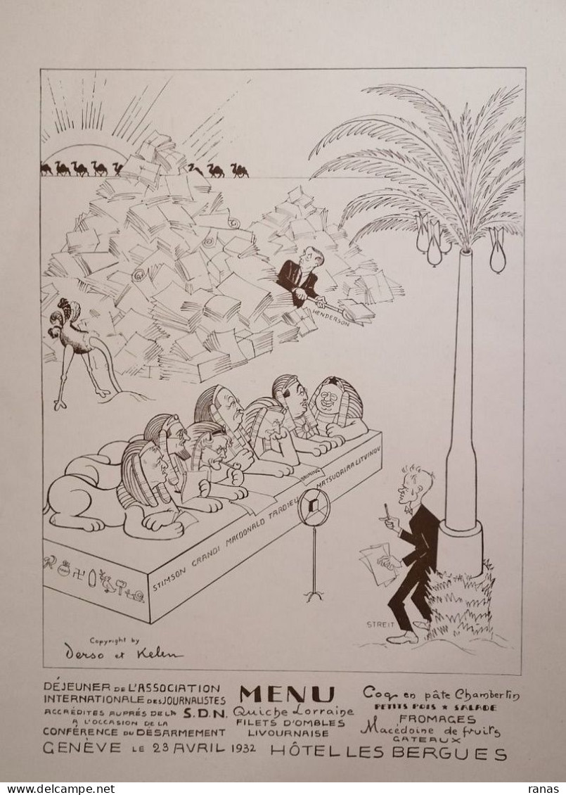 Menu SDN Société Des Nations Par Derso Et Kelen Satirique Caricature Journalisme Genève Suisse Egypte - Menükarten