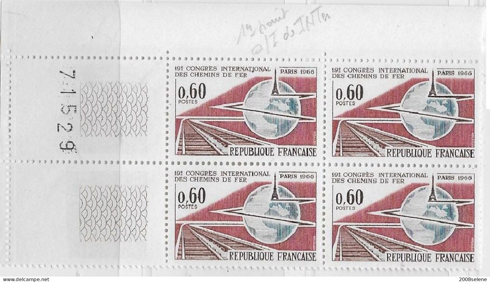 1966 Bloc De 4 Coin Numéroté Congres Chemin De Fer Neuf ** N°1488 - 1960-1969