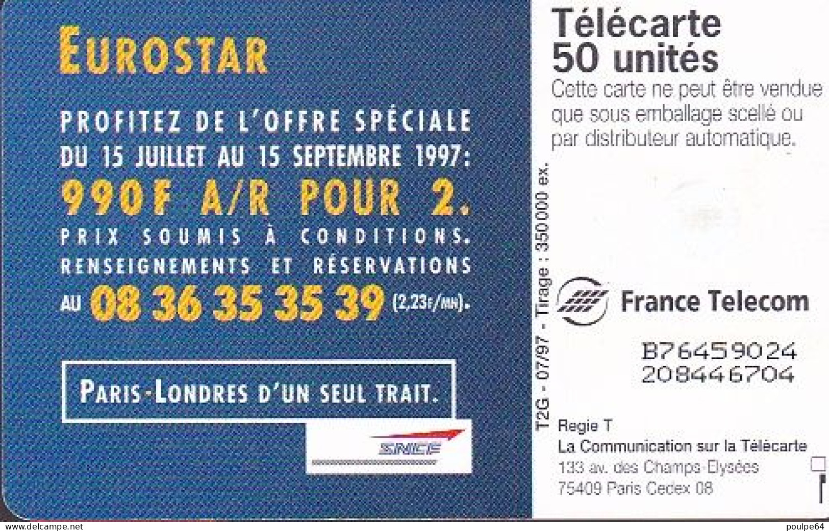 F770  07/1997 - EUROSTAR " 3 Heures "  - 50 GEM2 - 1997