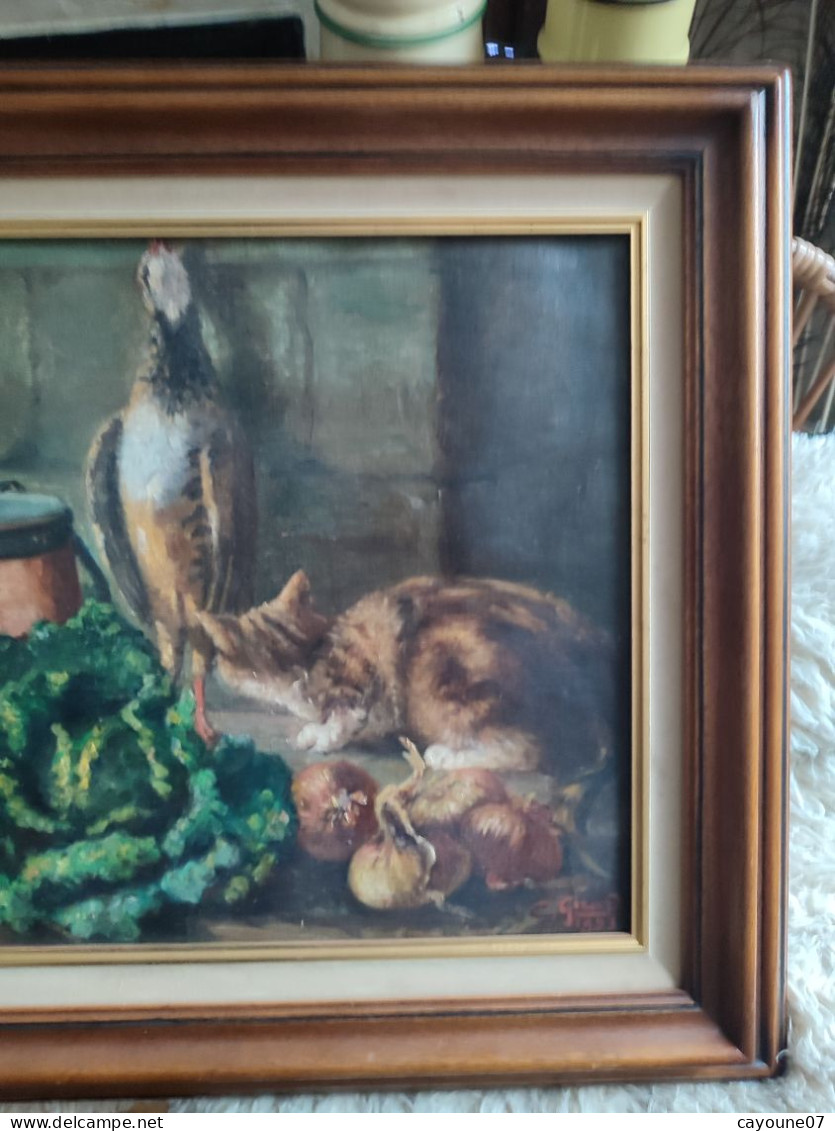 C GIRARD Huile Sur Toile Nature Morte "Retour De Chasse Au Gibier Chat Chou Oignon Et Chaudron" Datée 1923 - Huiles